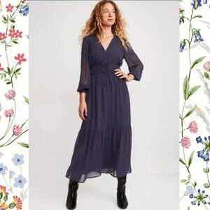 Old Navy Waist-Defined Smocked Tie-Front Maxi Dress in navy blue chiffon (S)